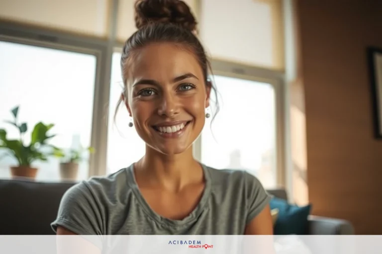 What Does LASIK Eye Surgery Treat? A smiling woman sitting in a living room, wearing a grey shirt with a high neckline. The room is brightly lit and has a plant in the corner.