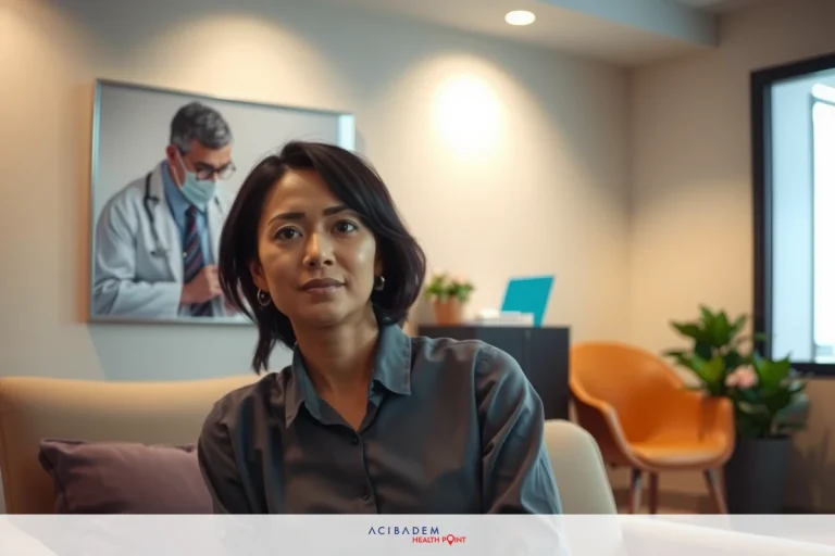 A professional office environment with a woman seated in the middle of a room. She is wearing a black shirt and appears to be engaged in conversation or waiting for someone.