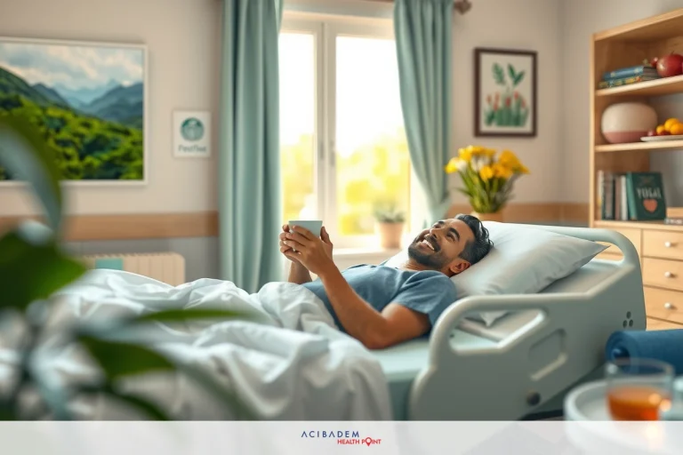 The image features a young man lying in a hospital bed. He is looking at his phone, which he holds in his hands. There are various items on the nightstand beside the bed including a cup, a book, and a vase with flowers. The room has a calm and clean atmosphere with natural light coming through the window. The man's focus seems to be on checking something on his device while resting in the hospital setting.