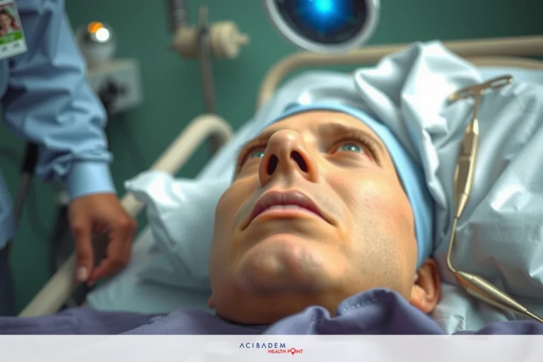 A man lying on a hospital bed with medical equipment attached, possibly after surgery. He has an expression of discomfort or pain. The hospital room is lit by bright lights. There are medical personnel present, indicating he's in the care of healthcare professionals.