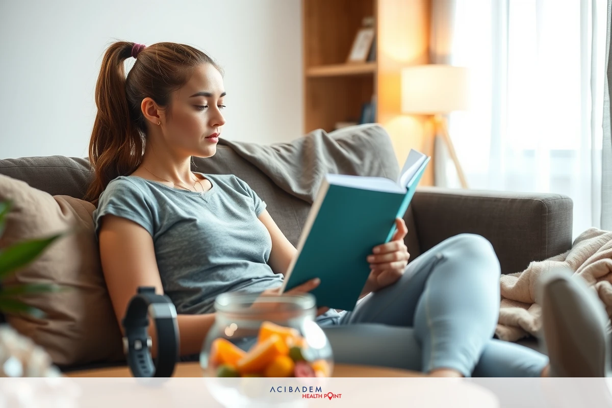 Woman sitting on sofa, reading book in modern living room setting with neutral colors and natural light. Couch with blanket over back, flowers in vase, remote control, and casual attire. Quiet relaxation and contentment.