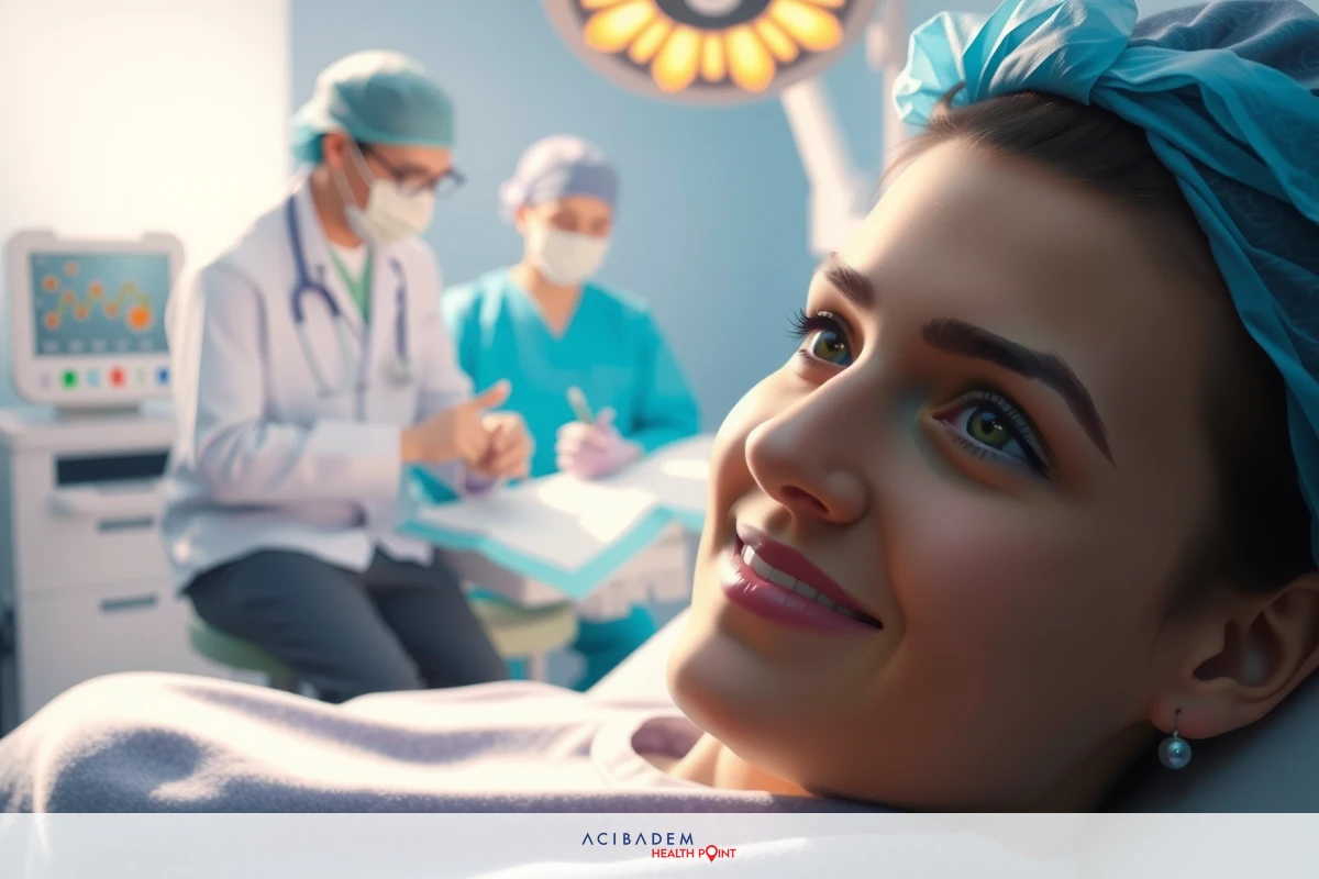 The image shows a person lying on an operating table, smiling and looking up towards the camera. There are two medical professionals standing beside the patient; one is wearing gloves and surgical attire, indicating a sterile environment for a medical procedure.