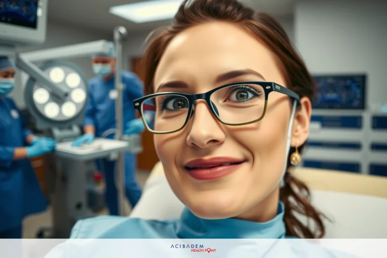 Woman wearing glasses in medical room. Surgeons around her, working on a procedure.