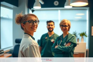 A photo of three medical professionals smiling and standing in a well-equipped modern office setting, likely an examination room.