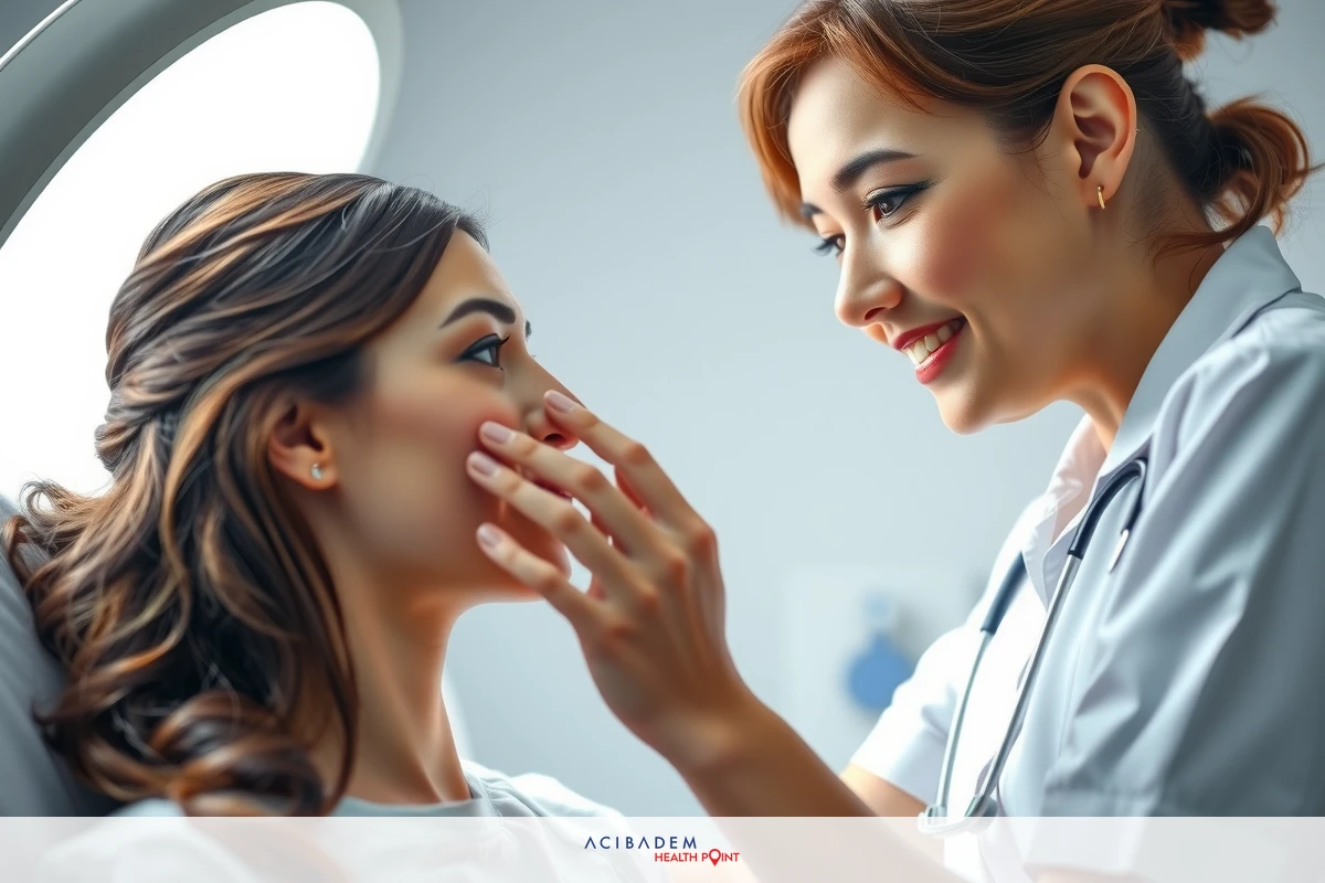The image shows a woman, presumably a nurse or healthcare professional, examining the face of another woman who appears to be a patient. The setting appears to be a clinic, as evidenced by the interior design and ambient lighting. Both individuals are smiling, indicating a friendly interaction.