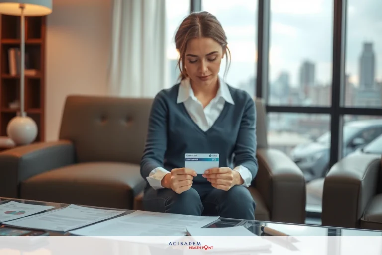 The image shows a woman sitting at a desk in an office environment. She is dressed professionally, wearing a suit and tie with a blouse underneath. The woman appears to be reviewing documents or notes on the table in front of her. There are some papers scattered about, indicating that she might be in the middle of work or a meeting. The office has a modern design with clean lines and neutral colors, and there is a window in the background with city views visible through it.