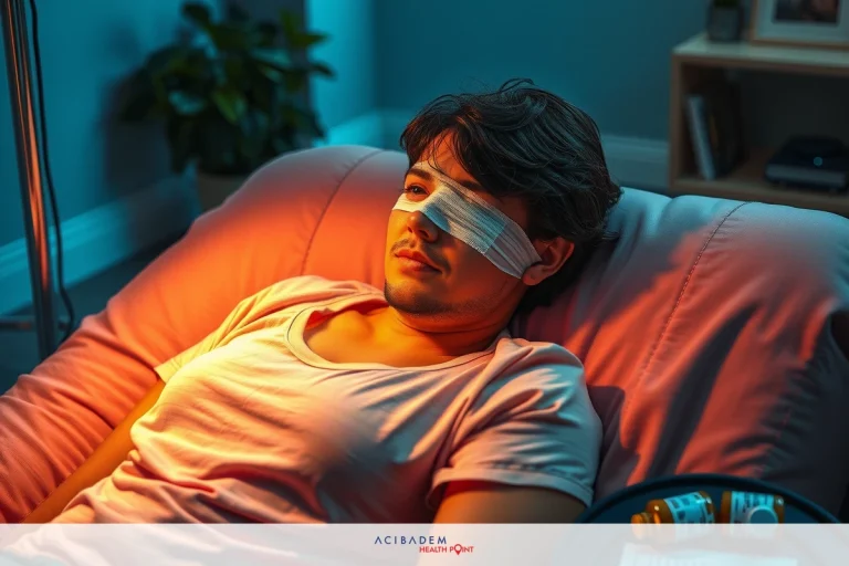 What is the Recovery Time for LASIK Eye Surgery The image shows a man lying on his side on a hospital bed with an eye patch over one eye. He has bandages across the bridge of his nose and appears to be under medical care.