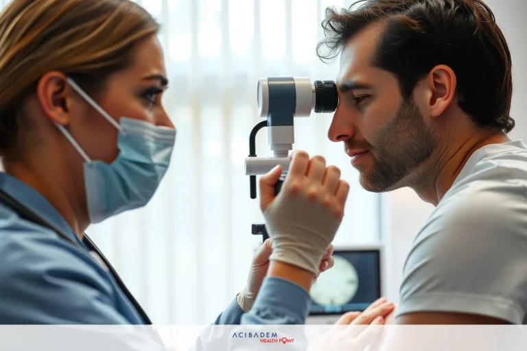 Two medical professionals performing an examination. One is administering eye drops while the other takes a measurement using an ophthalmoscope. The environment suggests a clinical setting, possibly an optometrist's or ophthalmologist's office.