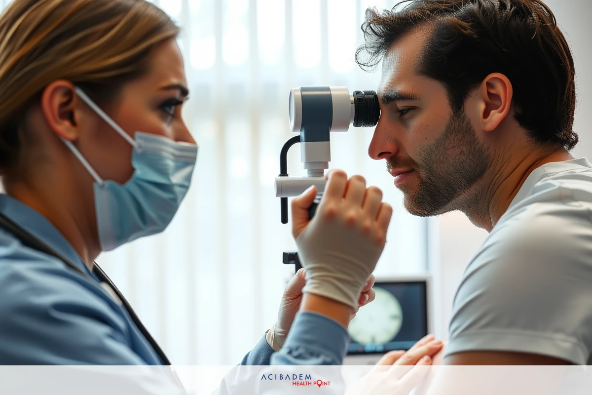 Two medical professionals performing an examination. One is administering eye drops while the other takes a measurement using an ophthalmoscope. The environment suggests a clinical setting, possibly an optometrist's or ophthalmologist's office.