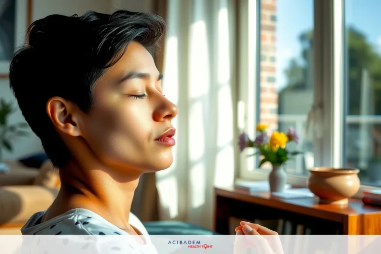 A person with short hair is seated indoors in a room with natural light coming through the window. The individual appears to be meditating or in a state of relaxation, with their eyes closed. The environment suggests a calm, peaceful setting.