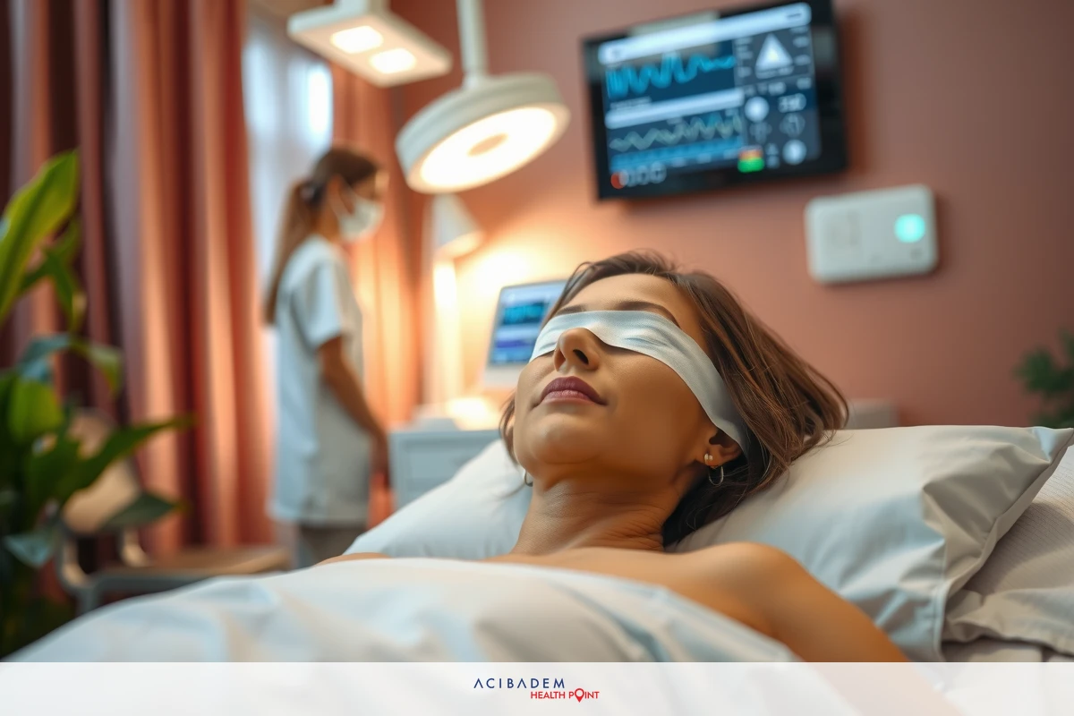 The image depicts a hospital setting with two individuals. The central figure is a person lying on a bed, wearing medical headgear and appearing to be resting or recovering from a medical procedure. To the left, another person, possibly a doctor or nurse, is observing the patient. Both are in an environment equipped with healthcare technology and equipment, such as monitors and screens displaying vital signs.