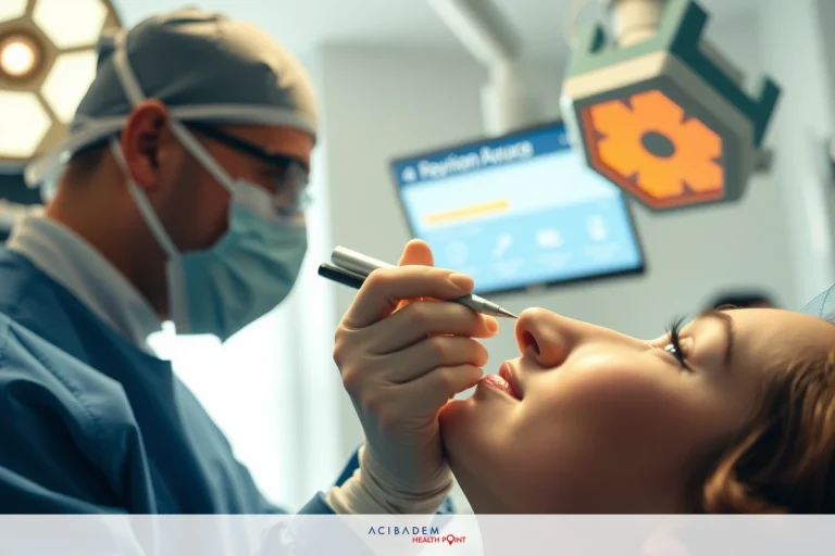 Will Insurance Pay for Revision Rhinoplasty? A surgeon in blue scrub performing a procedure on a patient's nose. They are using professional tools and equipment inside an operating room with bright overhead lights.