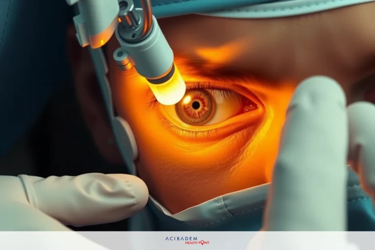 How Painful is LASIK Eye Surgery? An eye is being examined by a medical professional using advanced optical instruments. The procedure involves an intense beam of light directed onto the eye, possibly for diagnostic purposes or surgical guidance.