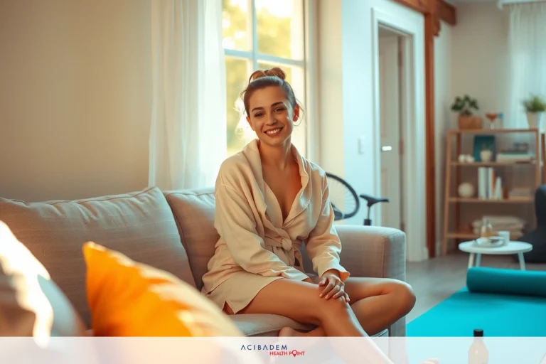 The image shows a woman sitting on a couch in a living room. She is wearing a white robe and smiling at the camera. There are various furniture items around her, such as a coffee table with decorative books. The room has modern furnishings with neutral colors creating a cozy atmosphere.