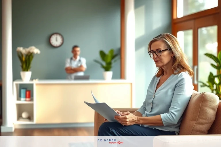 The image depicts an indoor scene where a woman is seated in a modern living room area, likely within a hotel suite. She is wearing glasses and appears to be reviewing or looking at some documents on her lap. The man standing behind the desk seems to be attentively watching her. The setting is characterized by soft lighting, a calming color palette of greys and pastels, and well-appointed furniture suggesting a comfortable and professional environment.