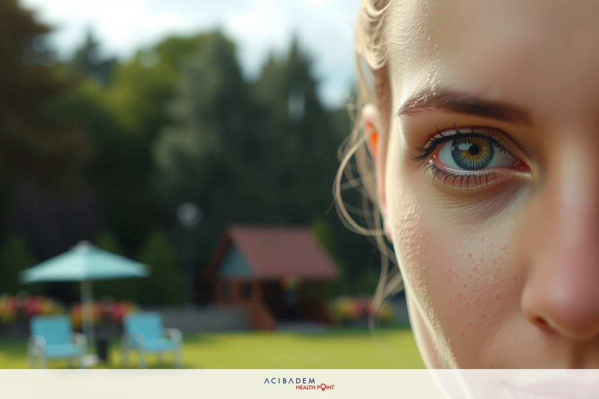 Close-up of a woman's face with green eyes, looking directly at the camera. She is seated under an umbrella, surrounded by grass and outdoor furniture.