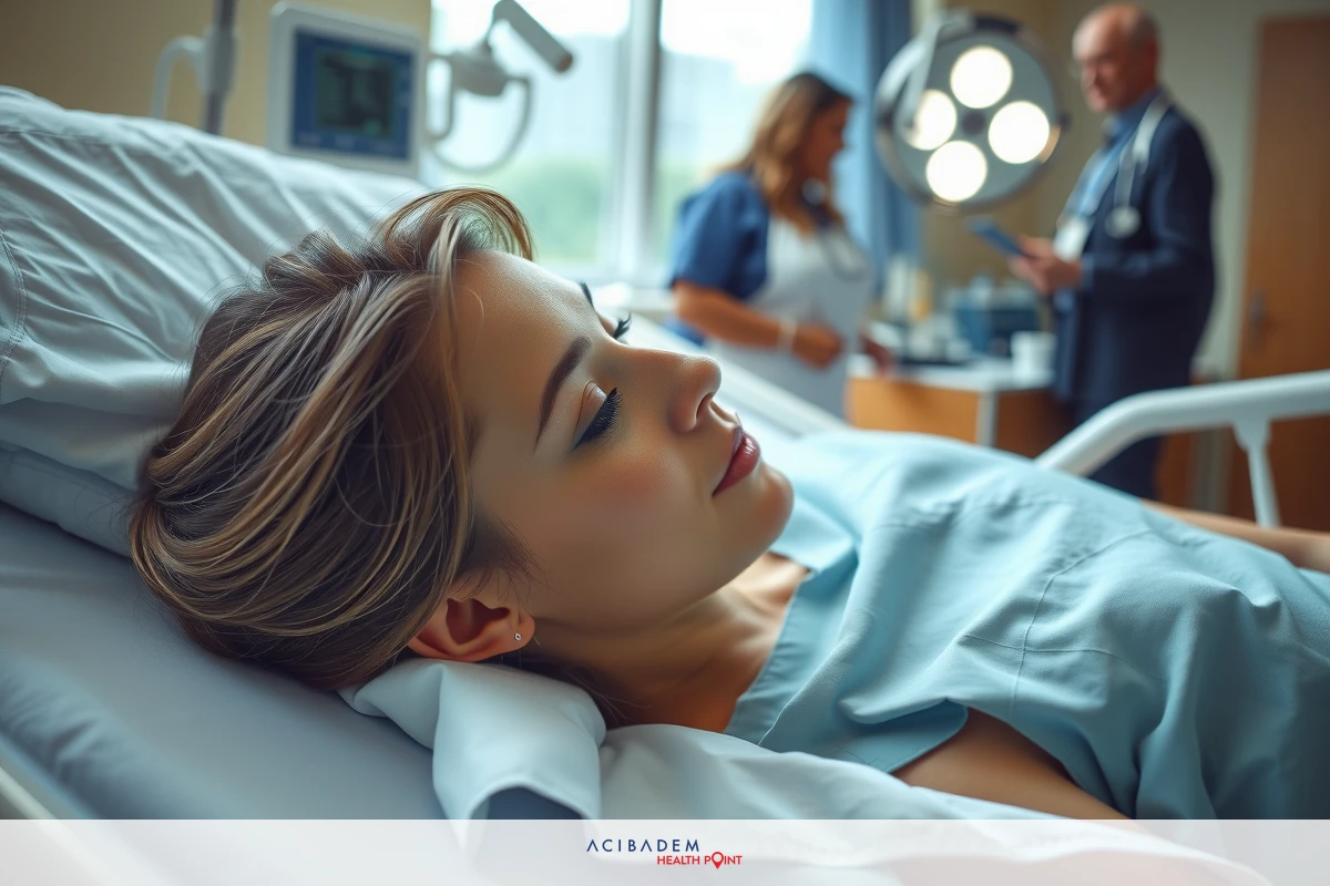 A woman in a hospital bed, being attended to by medical staff. A surgeon is standing beside her, possibly discussing treatment options.