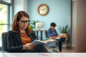 The image shows a professional setting with two individuals. A woman, wearing glasses and dressed in business attire including a blazer, is seated at a desk reading from a book or document.
