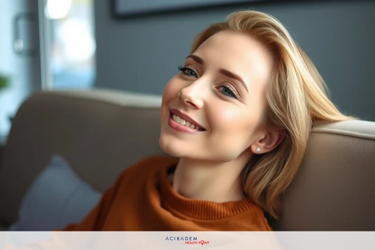Will My Nose Go Down After Rhinoplasty? The image features a smiling woman with short blonde hair seated on a couch. She is wearing an orange sweater and has her hand up to her face. The background appears to be an interior space with natural light coming in, suggesting the setting might be indoors during daylight hours.