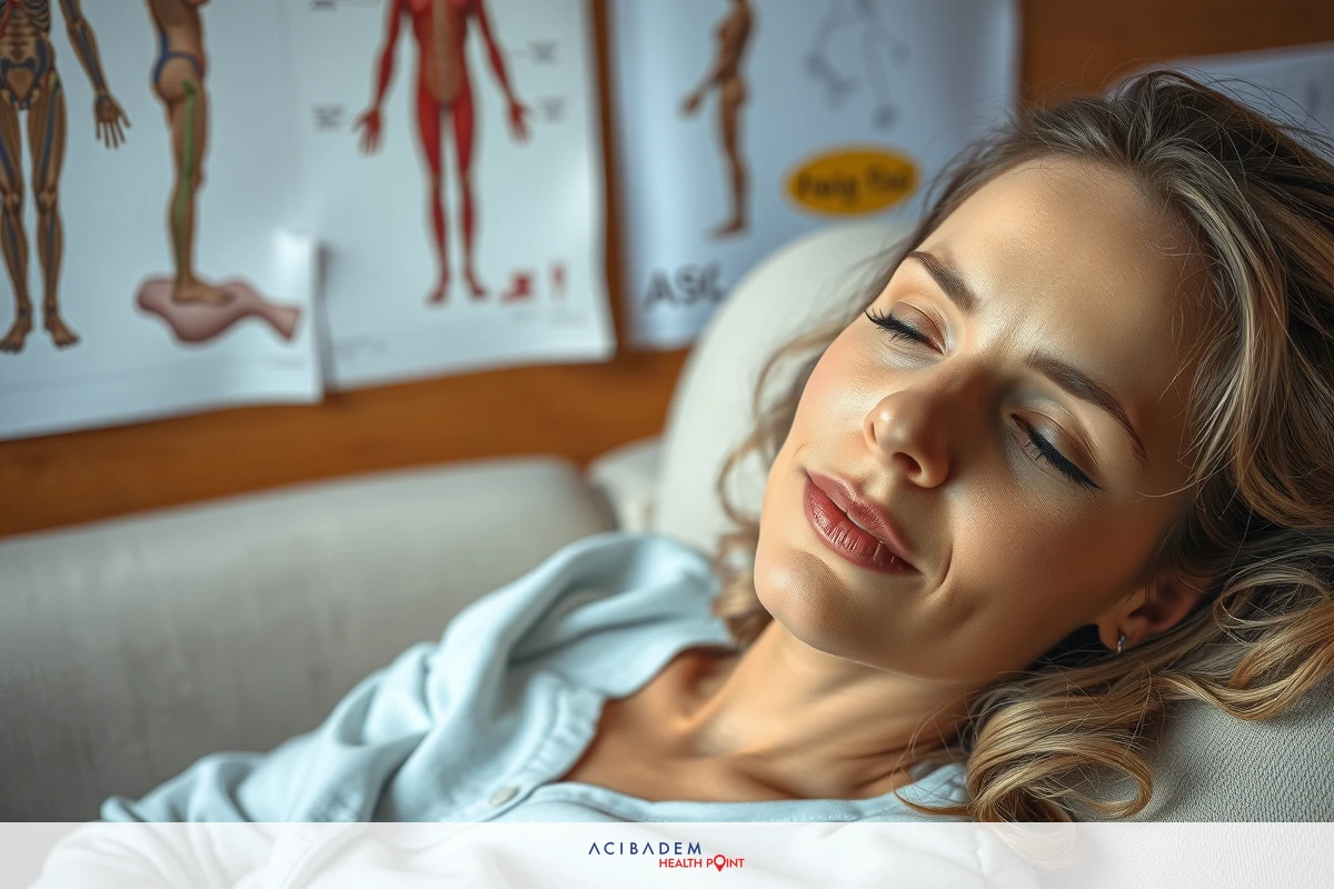 A woman in a gray sweatshirt is seen sleeping with her eyes closed, relaxed on a couch. The room around her appears calm and comfortable with medical posters visible in the background.
