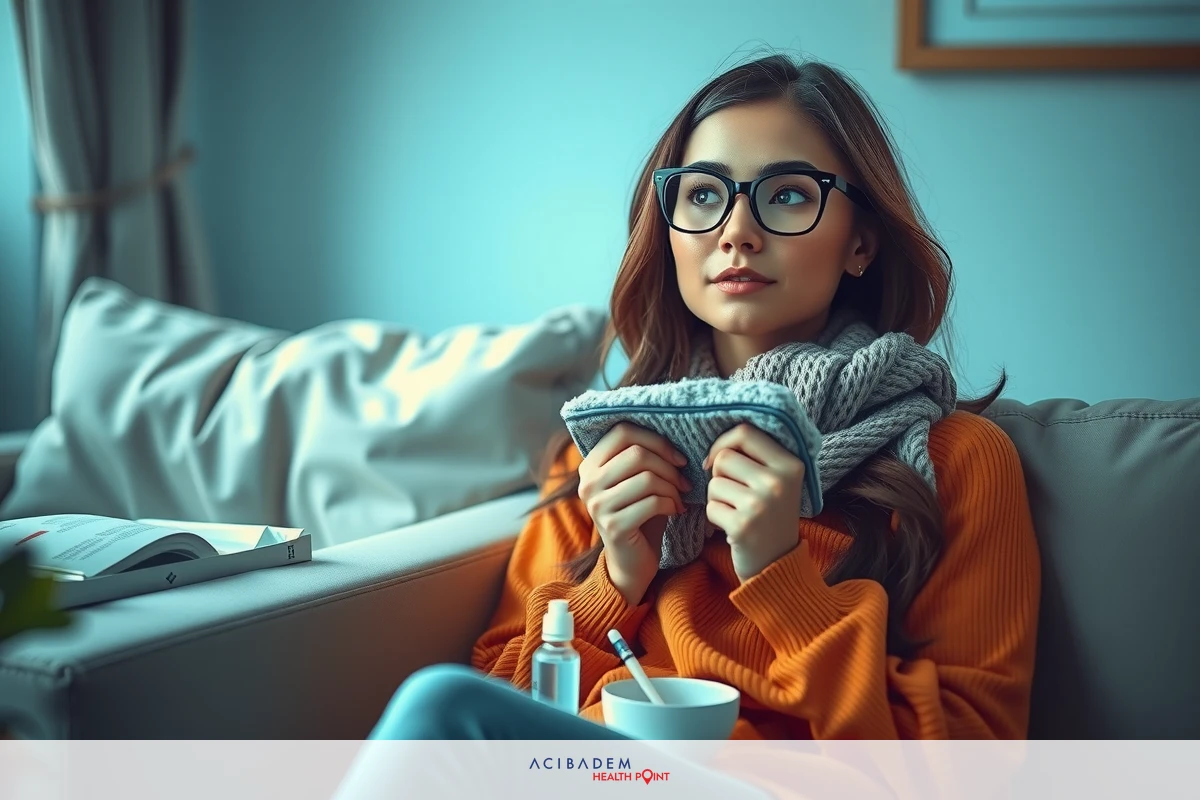 The image shows a woman sitting on a sofa with her legs crossed. She is wearing glasses and an orange sweater. Her hair is pulled back, revealing her face which is turned to the side. The environment suggests a modern indoor setting with a neutral color palette.
