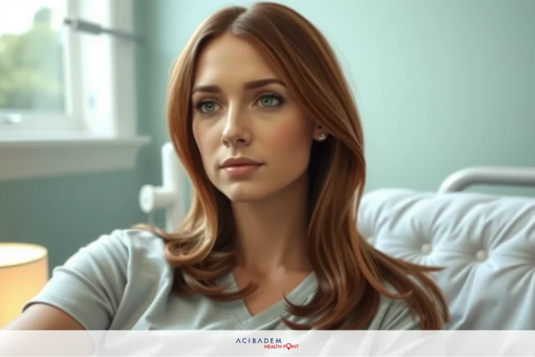 A woman with a concerned expression, seated on a hospital bed, looking away from the camera. She is wearing a gray top and has long brown hair.
