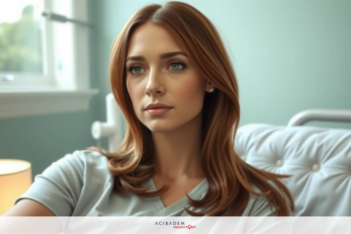 A woman with a concerned expression, seated on a hospital bed, looking away from the camera. She is wearing a gray top and has long brown hair.