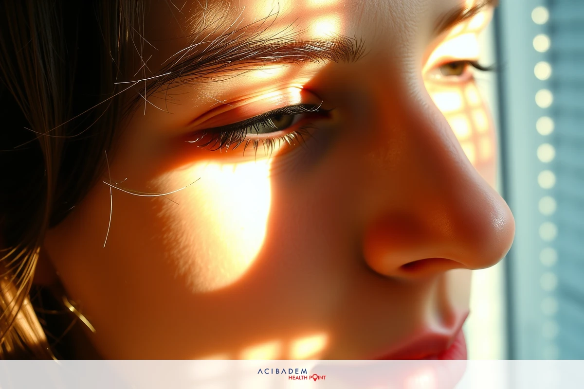 The image features a woman with her eyes closed and head tilted to the side. She is looking out of a window that casts a shadow on her face, creating a dramatic effect. The sunlight filters through the blinds, illuminating her skin and hair.