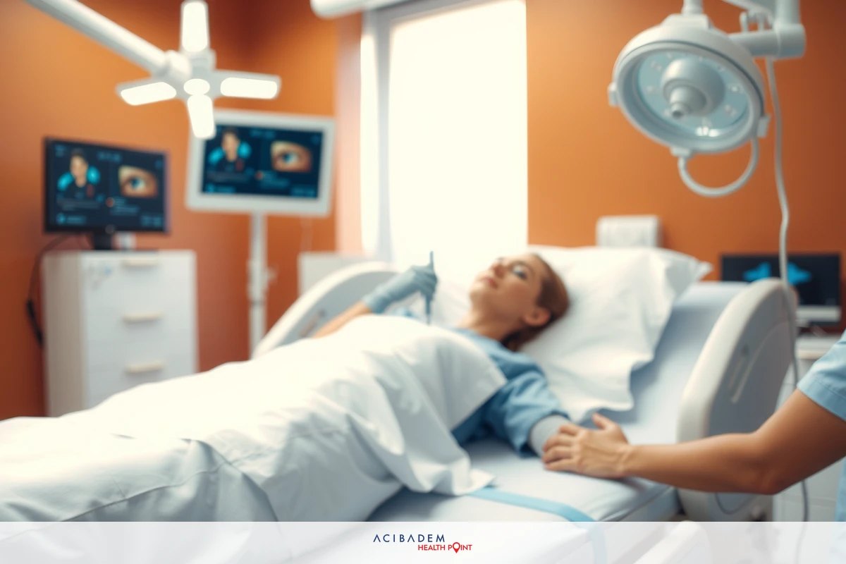 The image depicts a medical scene with a patient lying on a hospital bed. The patient is wearing a surgical gown and appears to be undergoing a medical procedure, as suggested by the surrounding equipment such as anesthesia machines and monitors that are common in an operating or recovery room setting.