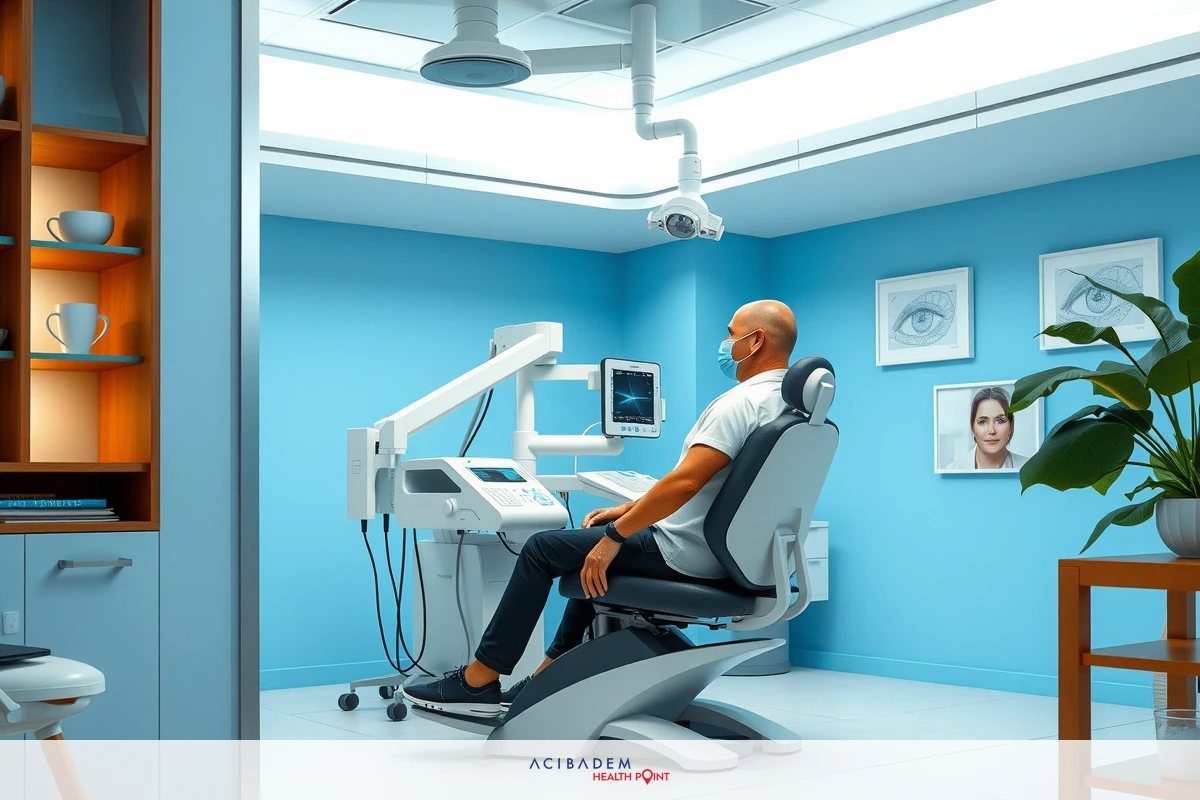 The clinic has blue walls and sleek, contemporary design elements. On one side, there are shelves holding various medical instruments and equipment. On another wall, photographs of smiling patients can be seen. A potted plant adds a touch of greenery to the space. The image captures a moment of medical care with high-tech equipment.