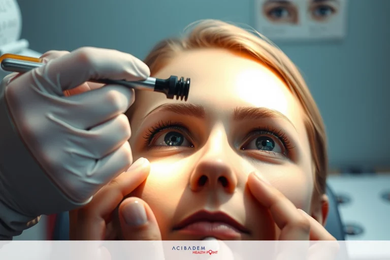 The image shows a close-up of a woman having her eyes dilated in an optometrist's office. The staff member is wearing protective gear and using a dilation tool to open the woman's pupils for an eye examination.