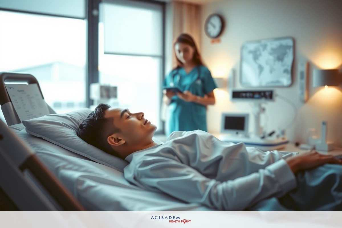 In a hospital room, a medical professional is attending to a patient lying in bed. The scene depicts a clinical environment with modern medical equipment. A clock and a world map are visible on the wall behind them.