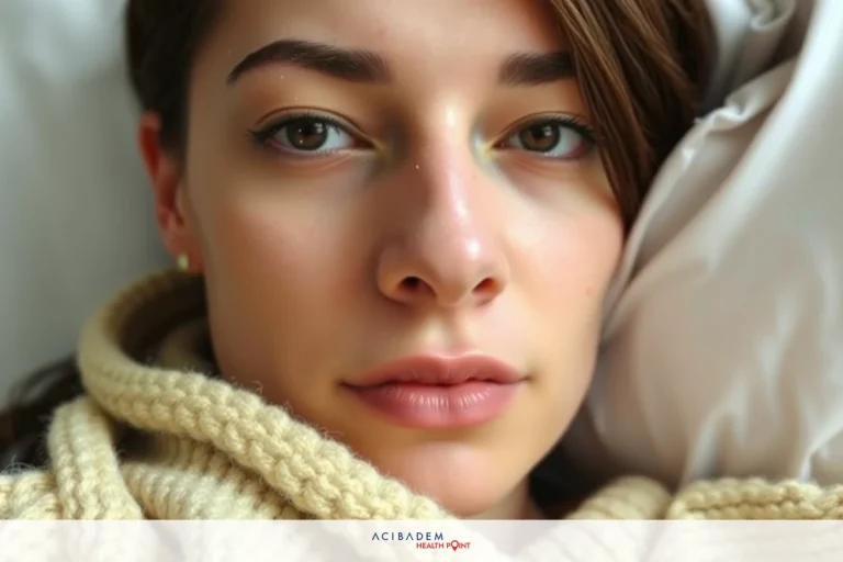 A young woman is seen laying down, looking towards the camera with a soft expression. She appears to be indoors and is wearing a cozy beige sweater or shawl that matches the neutral color palette of her surroundings. The overall mood of the image is calm and serene, suggesting she might be resting or taking time for herself.