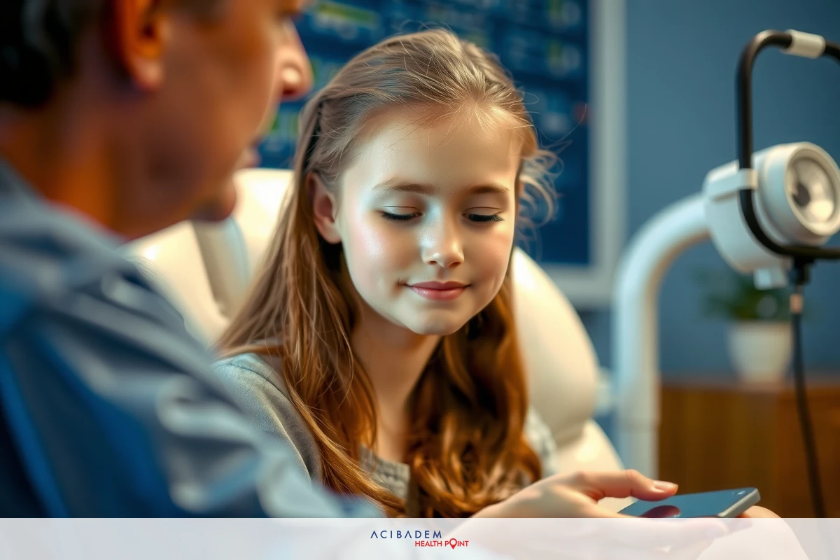 The image shows a woman in an examination room. She is sitting and appears to be viewing something on her smartphone, which she holds in her hands.