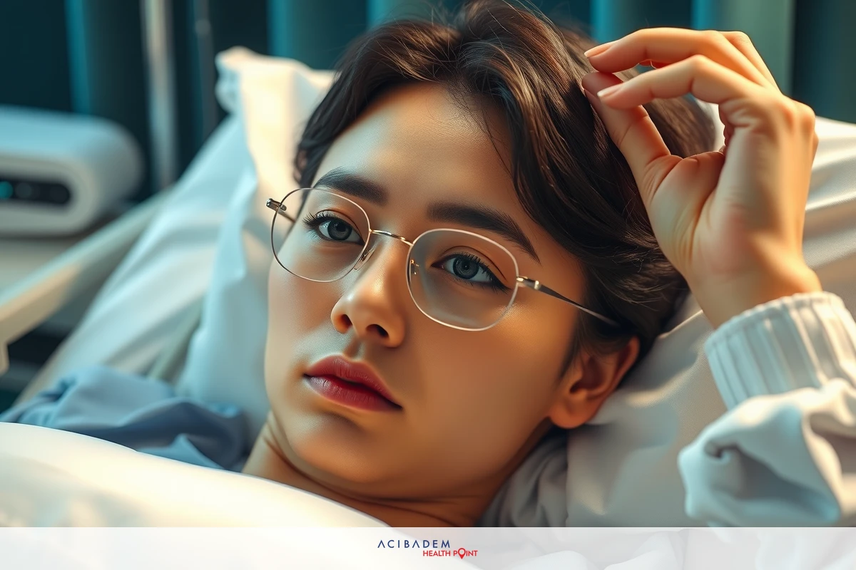 The image shows a person lying in a hospital bed. The individual has glasses and appears to be resting or possibly undergoing medical treatment.