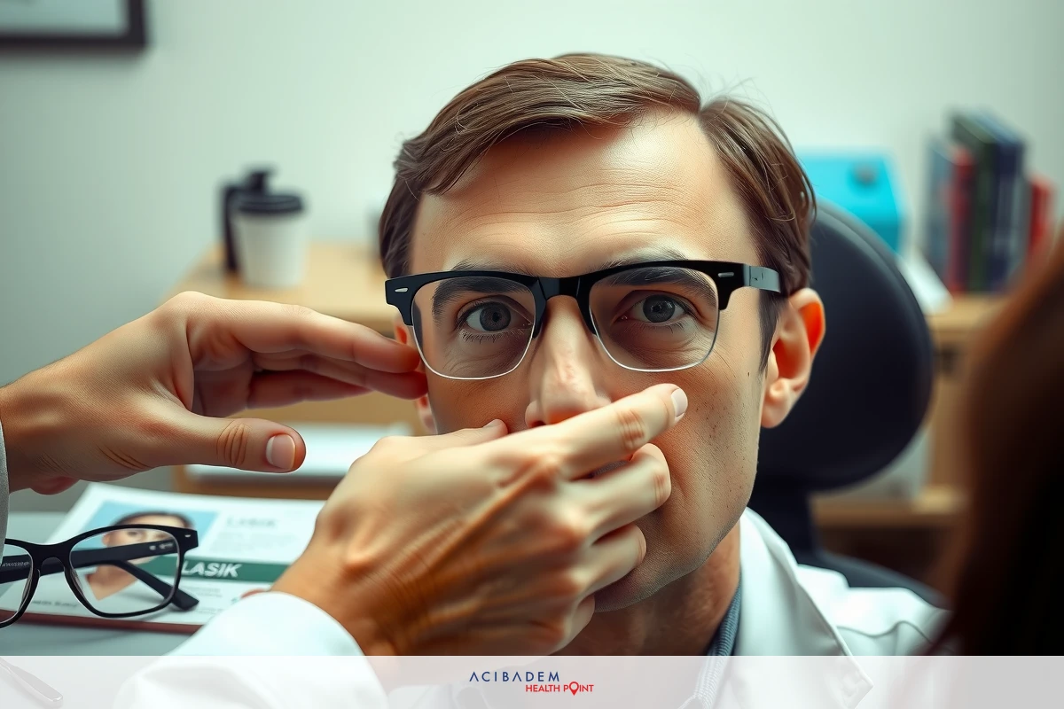 The image shows a person receiving medical treatment. The individual, wearing glasses and a white coat, is seated in a chair.