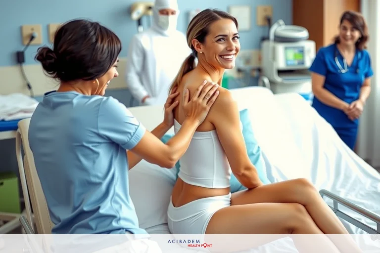 A cheerful scene in a hospital where a patient is being assisted by a nurse and a medical professional. The patient is lying on a bed, smiling and looking upwards. A hospital bed and equipment are visible in the background. The image has a warm tone with a focus on the interaction between the healthcare professionals and the patient.