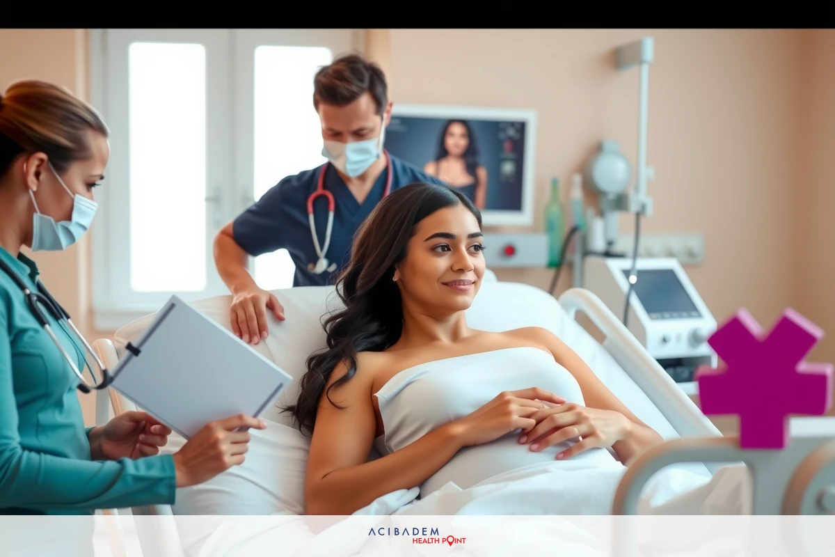 The image portrays a medical scene. There is a patient lying on a hospital bed, receiving care from healthcare professionals. The professionals are wearing masks, emphasizing hygiene and safety practices in the setting.