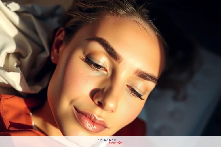 When Will Tip Drop After Rhinoplasty The image shows a woman lying down with her eyes opened. She has fair skin and her hair is blonde. The woman appears to be in a peaceful, relaxed state, possibly enjoying the sunshine on her face. Her lips are lightly colored, suggesting she may have been using lipstick or similar cosmetic.