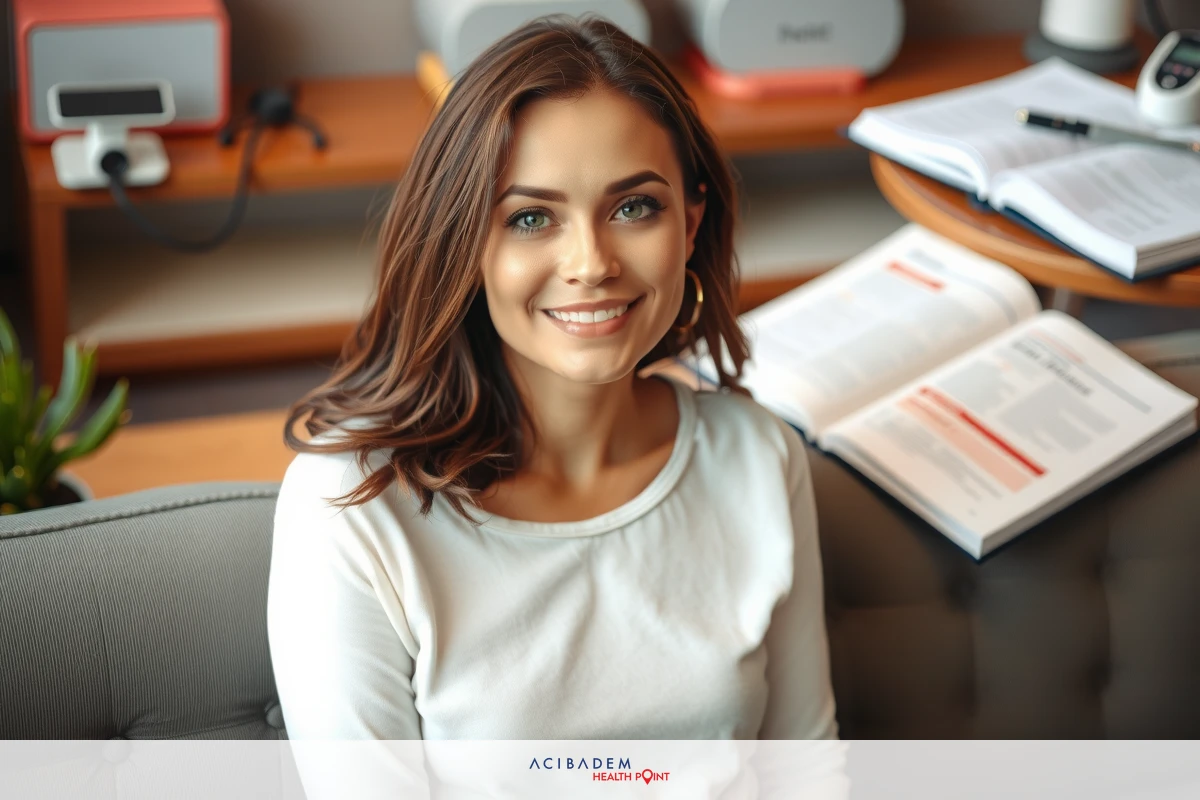 A young woman seated at a desk, smiling towards the camera. She has medium-length brown hair and is wearing a white blouse. There are books and computer equipment on her desk, suggesting an office environment.