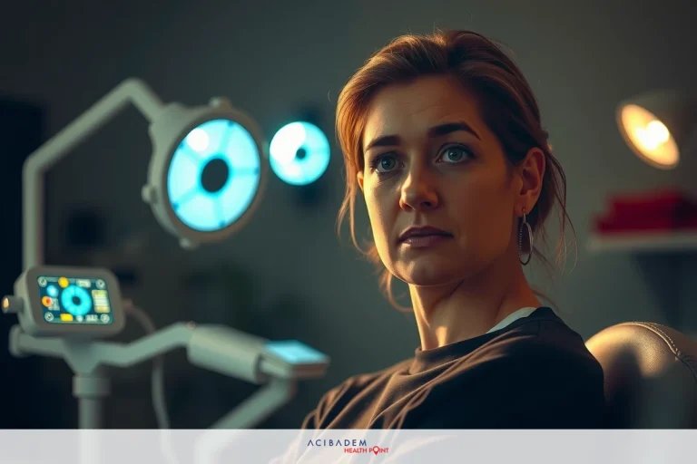 A woman sitting at a medical chair in an examination room with various medical equipment. She has a focused expression, possibly waiting for treatment or assessment.