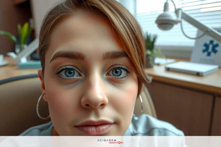 The image shows a woman with striking blue eyes and light skin. She appears to be indoors, possibly in an office setting given the presence of what looks like a desk and chair in the background.