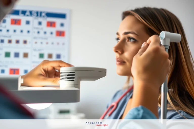 The image features a professional medical environment with two people. The central figure, presumably a healthcare worker wearing scrubs and using an device, is focused on examining the area around the eye.