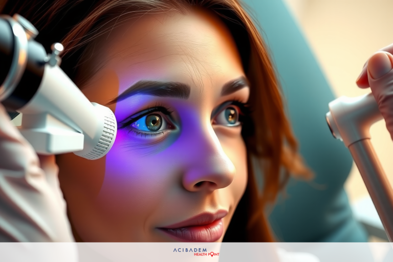 Can LASIK Eye Surgery Fix My Aging Eyesight? The image shows a woman sitting in an optometric setting. She has a blue light shining on her face, likely part of an eye examination. The environment is clinical with a medical background.