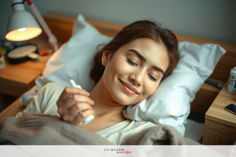Is Dry Eye Permanent After LASIK? A woman in a cozy bedroom, lying on her stomach with a smile on her face. She holds a small bottle near her lips as if taking medication or applying something to herself. The room has a warm ambiance with soft lighting.
