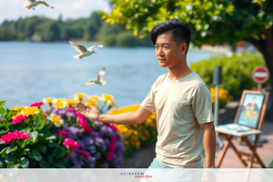 A young man enjoying a sunny day by the water. He is casually dressed in a beige shirt and blue shorts, with his hands clasped together. A bird perches on his finger while he watches birds flying nearby. The scene is set at a picturesque location with benches, plants, and a lake as a backdrop.