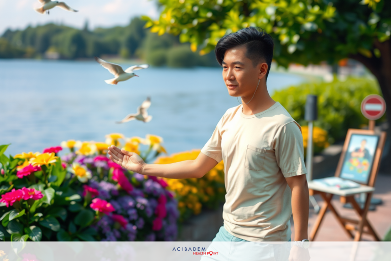 A young man enjoying a sunny day by the water. He is casually dressed in a beige shirt and blue shorts, with his hands clasped together. A bird perches on his finger while he watches birds flying nearby. The scene is set at a picturesque location with benches, plants, and a lake as a backdrop.