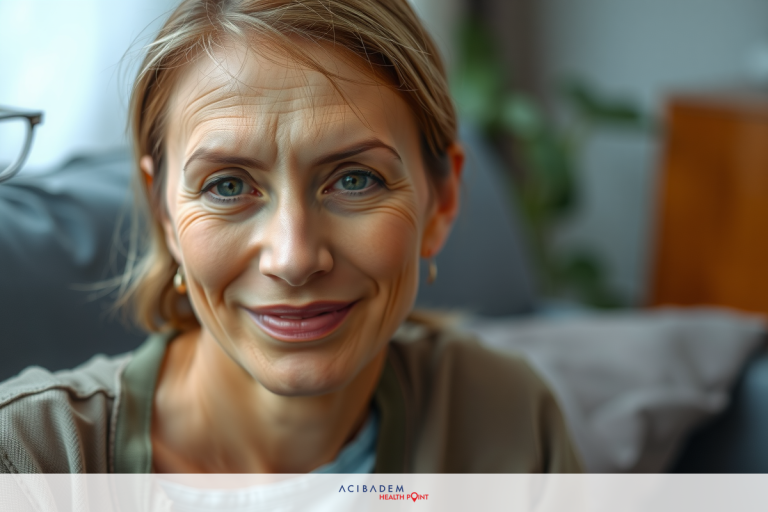 A middle-aged woman with blue eyes and blonde hair, wearing a tan cardigan over a grey turtleneck, sits on a light-colored couch. She smiles gently towards the camera.