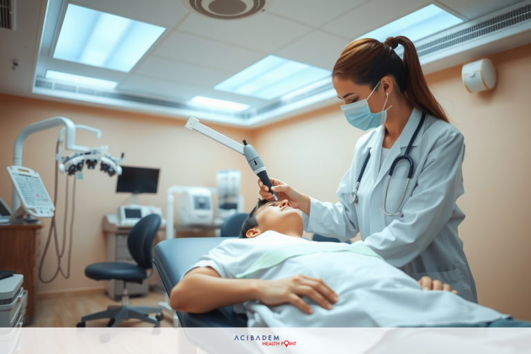 In the image, a medical professional is performing an examination in a well-equipped medical office. The professional, wearing a white coat and surgical mask, stands beside a patient who is lying on a operation chair. In the background, there's medical equipment. The office has a clean and sterile atmosphere, essential for maintaining patient safety and health.
