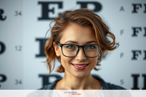 The image shows a woman with glasses smiling at the camera. She appears to be in an eye doctor's office, as there are optometric charts with letters in the background.